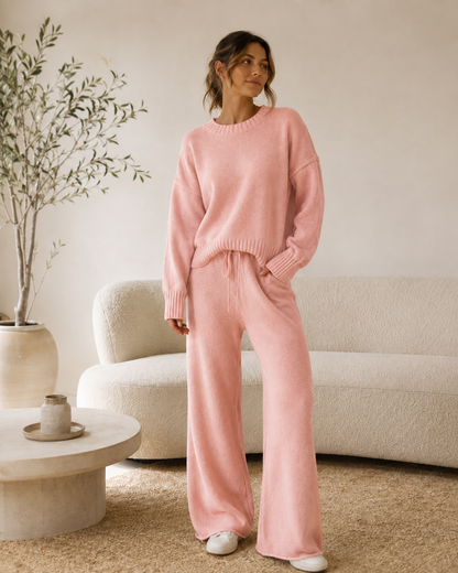 Elina™ Stickat Tvådelat Set – Tröja & Vida Byxor