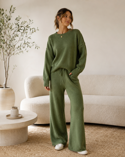 Elina™ Stickat Tvådelat Set – Tröja & Vida Byxor