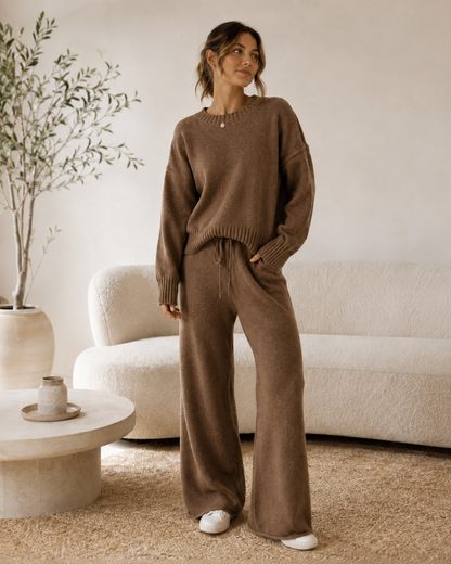 Elina™ Stickat Tvådelat Set – Tröja & Vida Byxor