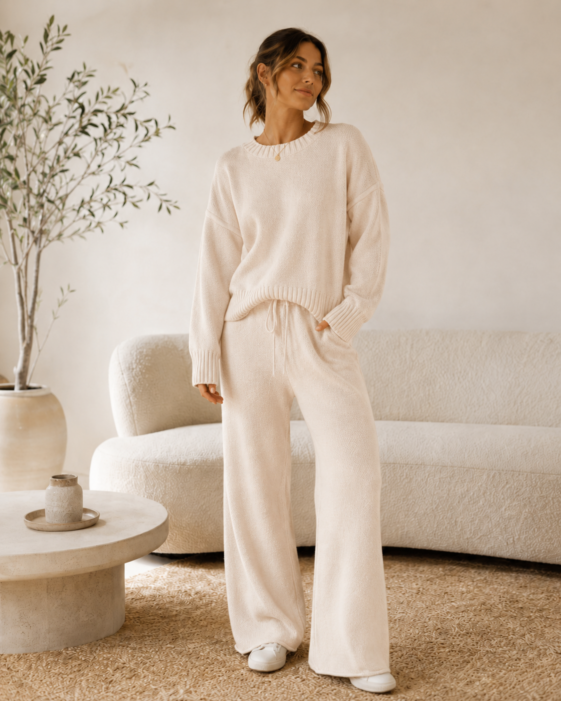 Elina™ Stickat Tvådelat Set – Tröja & Vida Byxor