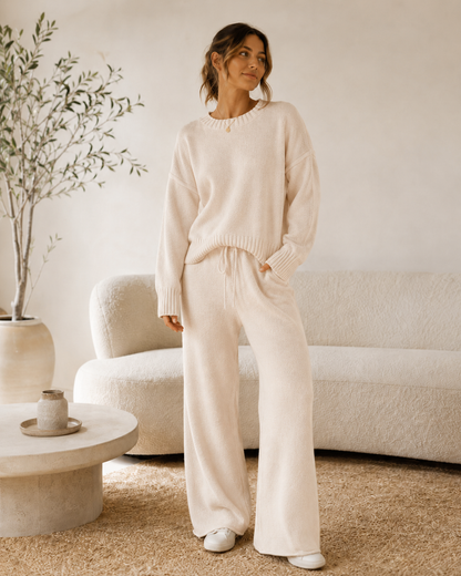 Elina™ Stickat Tvådelat Set – Tröja & Vida Byxor