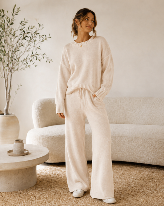 Elina™ Stickat Tvådelat Set – Tröja & Vida Byxor