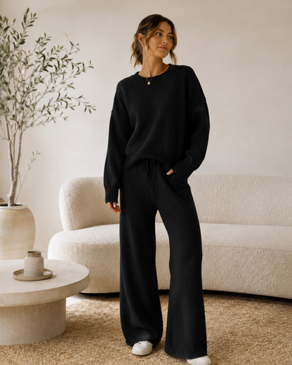 Elina™ Stickat Tvådelat Set – Tröja & Vida Byxor