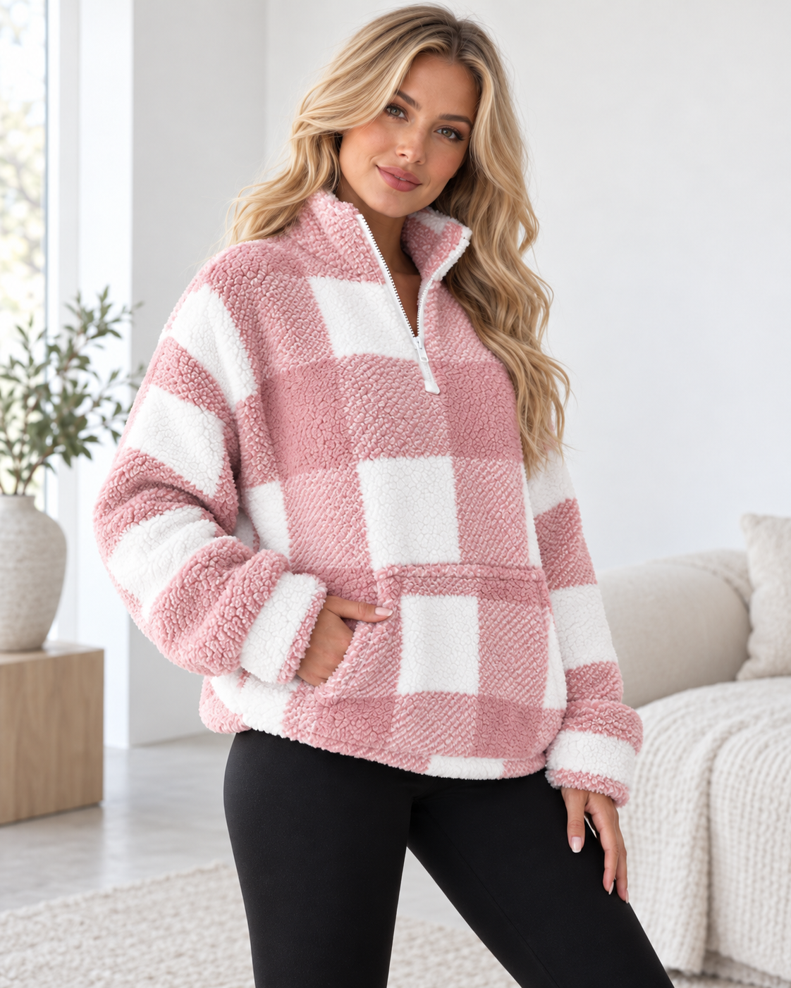 Alva™ - Mjuk Rutig Teddytröja med Halvzip