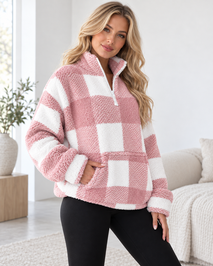 Alva™ - Mjuk Rutig Teddytröja med Halvzip