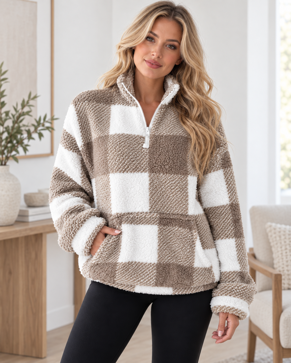 Alva™ - Mjuk Rutig Teddytröja med Halvzip